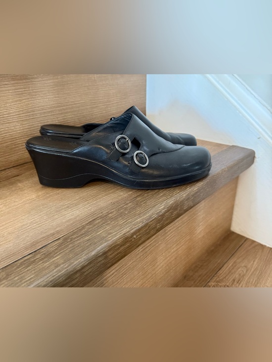 Clarks Shoes - Clarks Black Leather Wedge Mules with Decorative Buckles - Women size 10